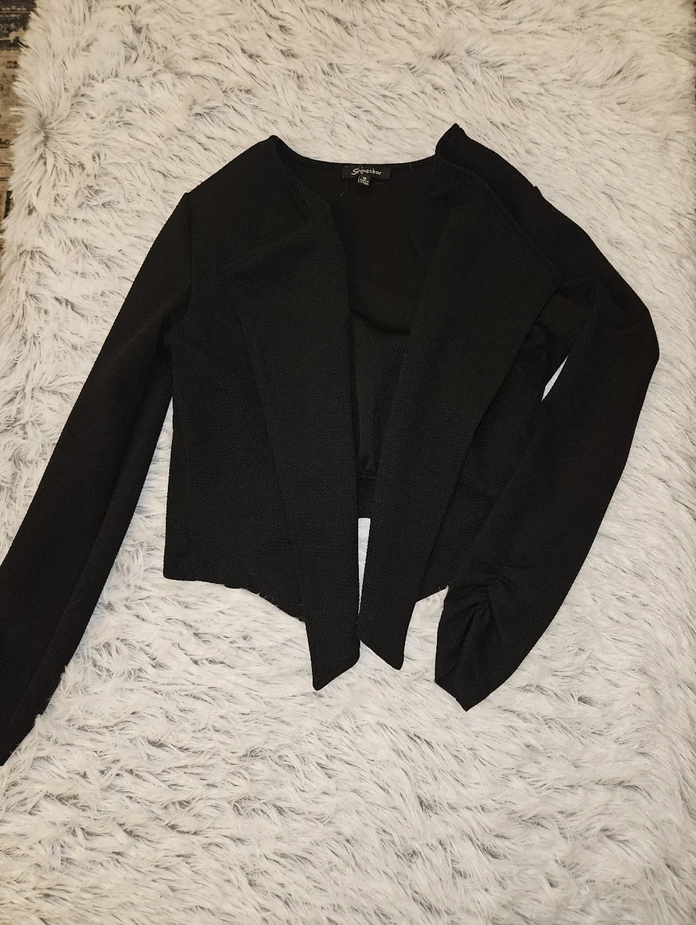 Shinestar Black Cropped Open Front Jacket w/ Back Zipper Detail Size Medium